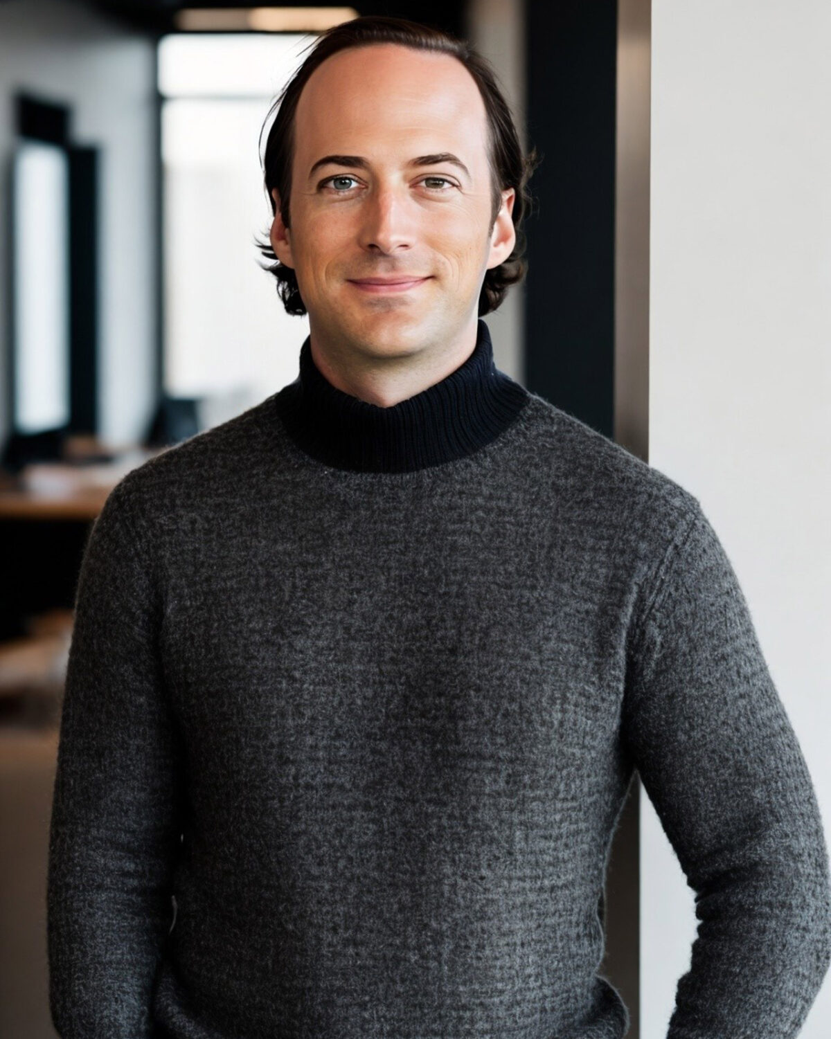 Brian Gordner smiles and wears a navy turtleneck sweater while standing in an office.